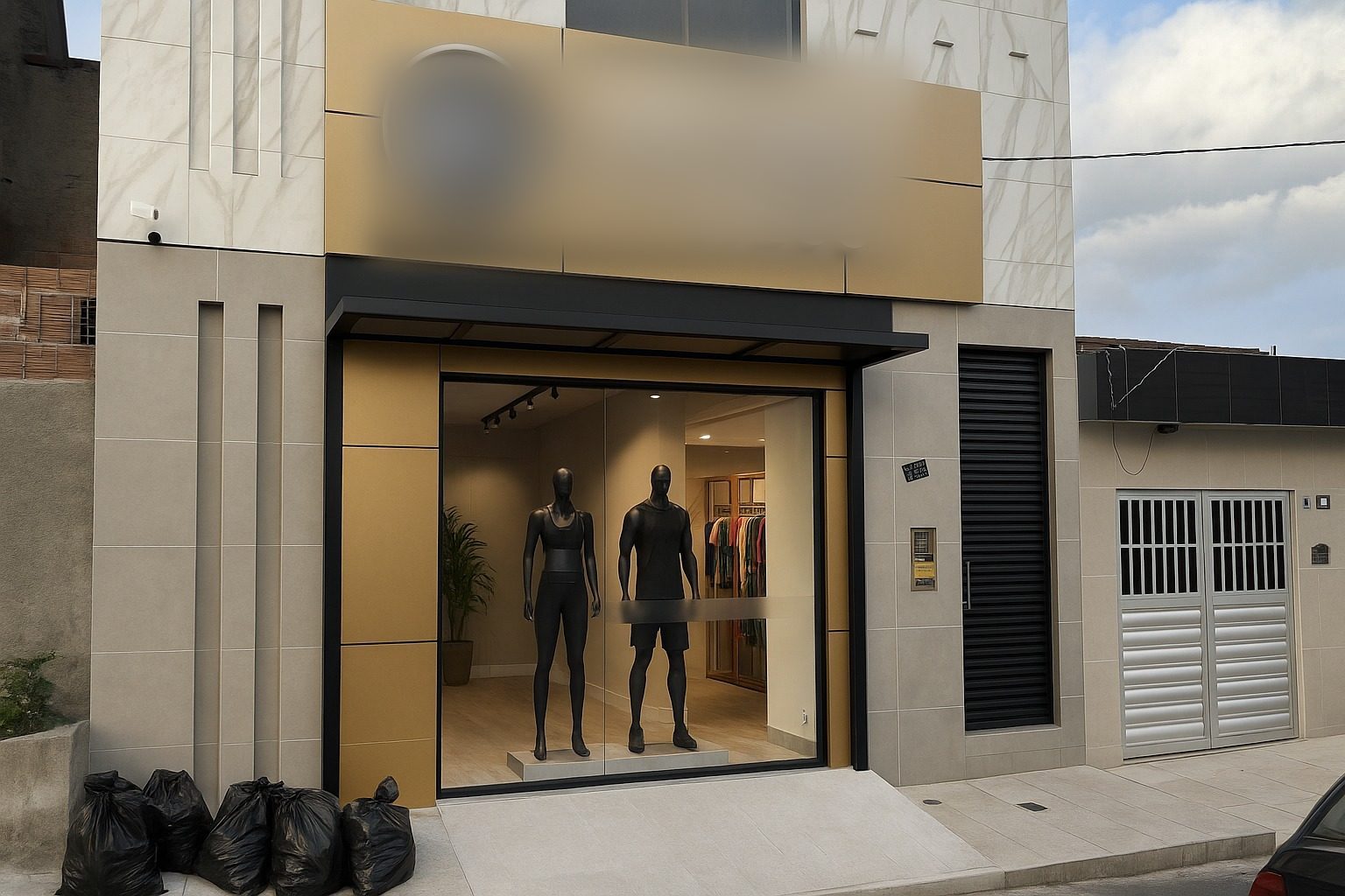 Fachada e vitrine de loja de moda fitness projetada por Allan Porto