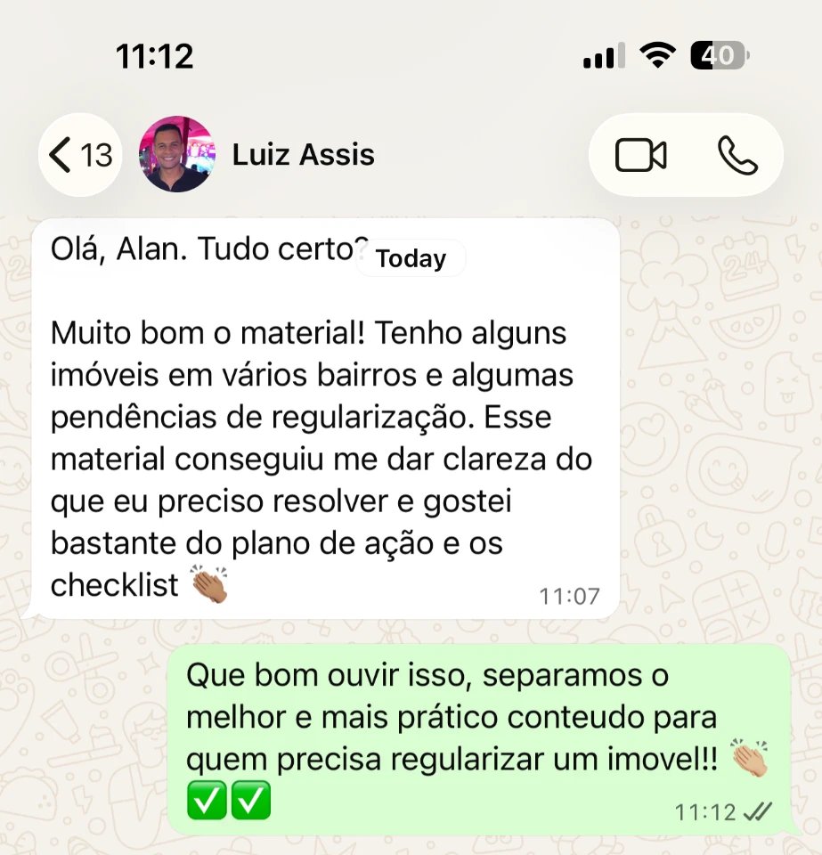 Print de depoimento de cliente no WhatsApp sobre o material de regularização