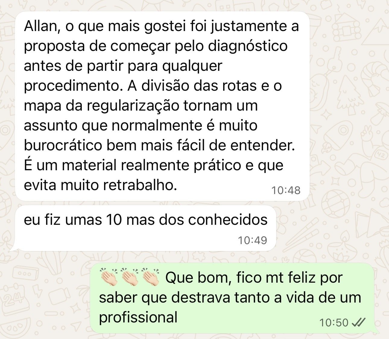 Print de depoimento de cliente no WhatsApp sobre o material de regularização